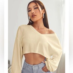 SHEIN - Beige V-neck Drop Shoulder Rib-knit Crop Tee